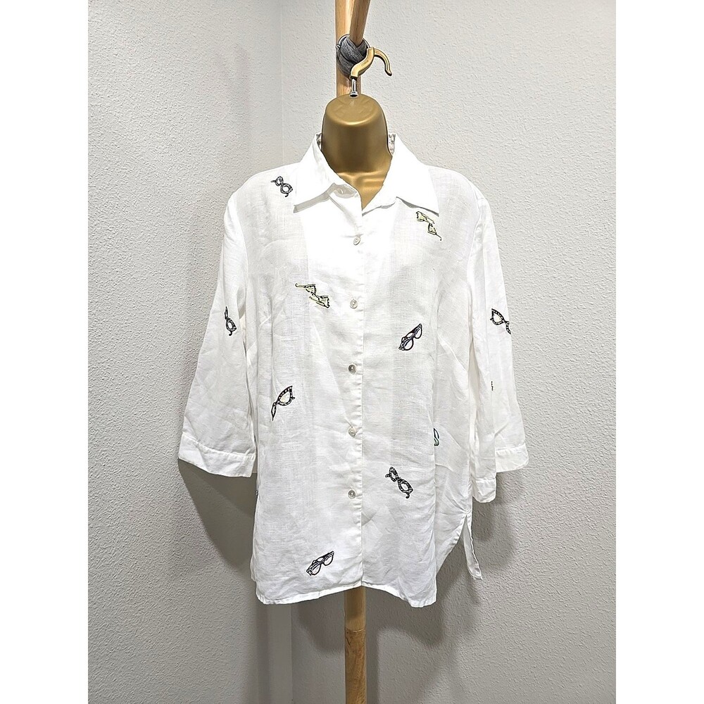 Richard Malcolm Irish Linen Button Top Womens Large Embroidered Eyeglass Novelty